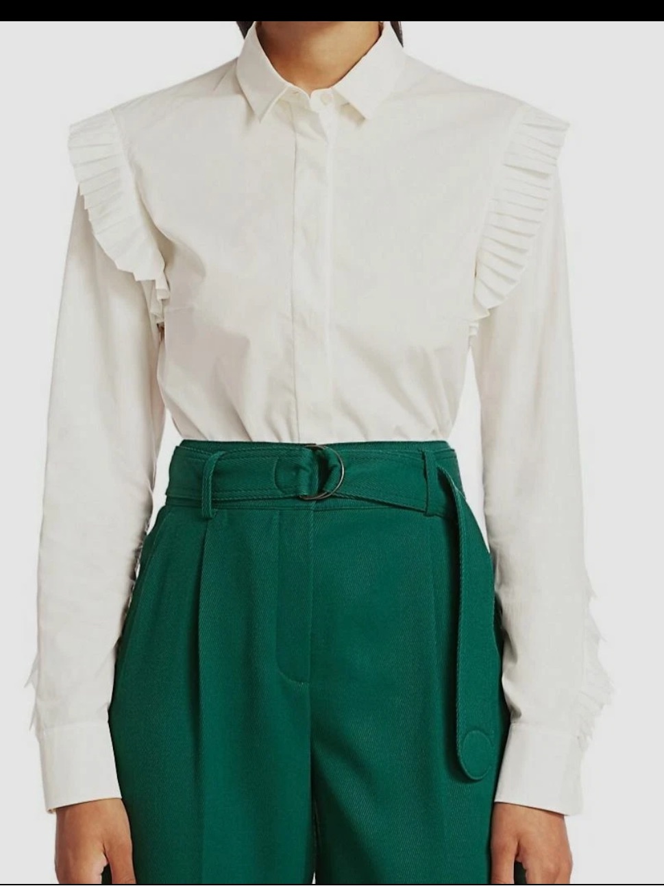 $695 Akris Women's White Long-Sleeve Pleated Front Button Poplin Blouse